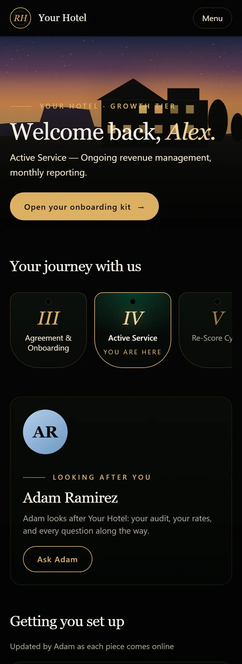 The client's home page: welcome back, the step they are on, their revenue manager, and the setup board